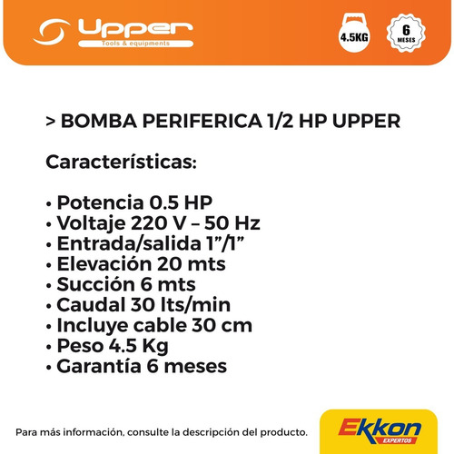 Imagen 4 de 8 de Bomba Periferica 1/2 Hp Agua Limpia Turbina De Bronce