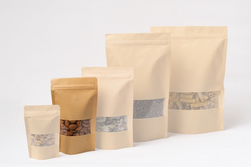 Imagen 2 de 6 de 100 Bolsa Stand Up Pouch Con Cierre Kraft Ventana De 140 Grs