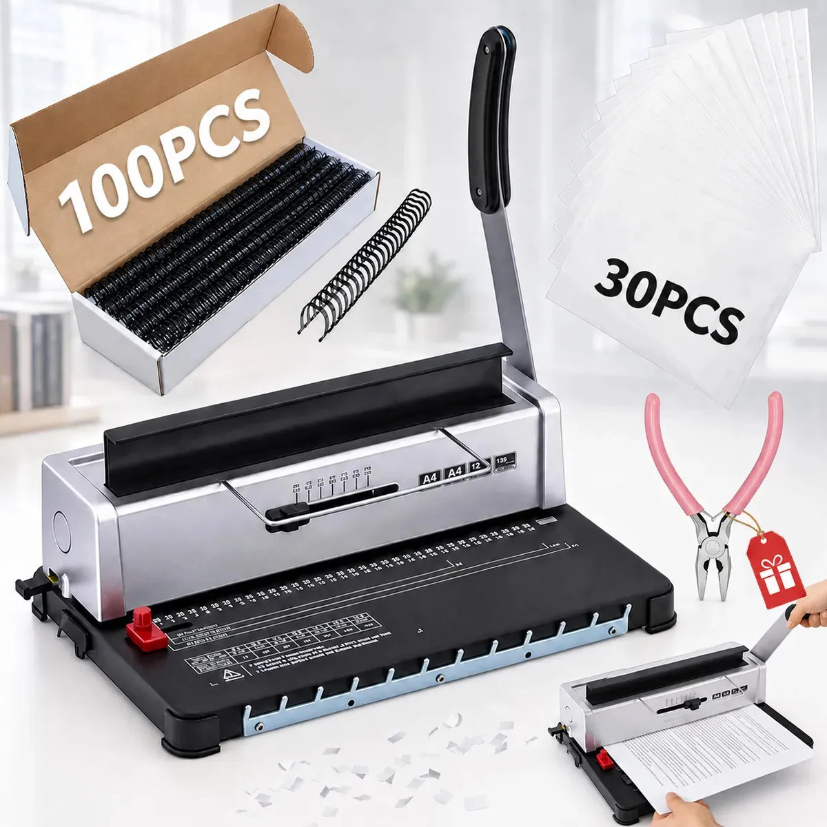 Encadernadora Manual BHBX9 A4 com Kit Espiral, para 12 Folhas de Perfuração e 120 de Encadernação Inclui 30 capas para fichário + 100 argolas metálicas + 1 fichário