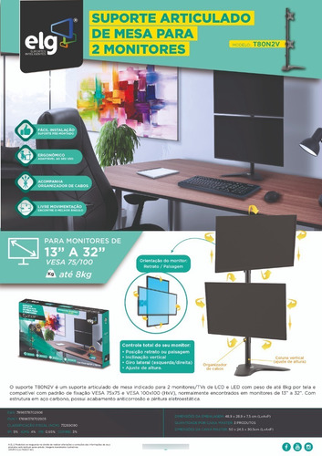 Suporte De Mesa Vertical 2 Monitores Até 32 ELG T80n2v