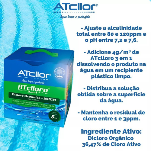 Cloro Algicida Para Piscina 3 Em 1 Atcllor 10kg