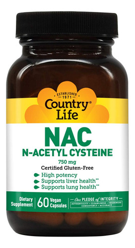 Country Life - Nac (n-acetil Cisteína), 750 Mg - 60 Cápsul