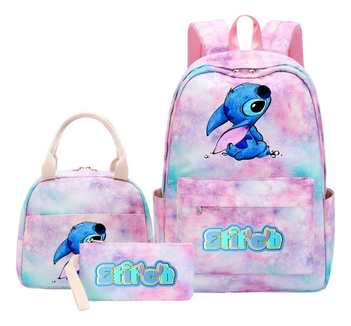 Mochila Colorida Stitch Para Meninas Com Lancheira E Bolsa D