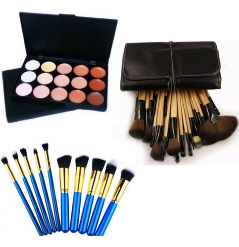 Kit Paleta De Corretivo +24 Pincéis +10 Pincéis Profissional Cor Azul