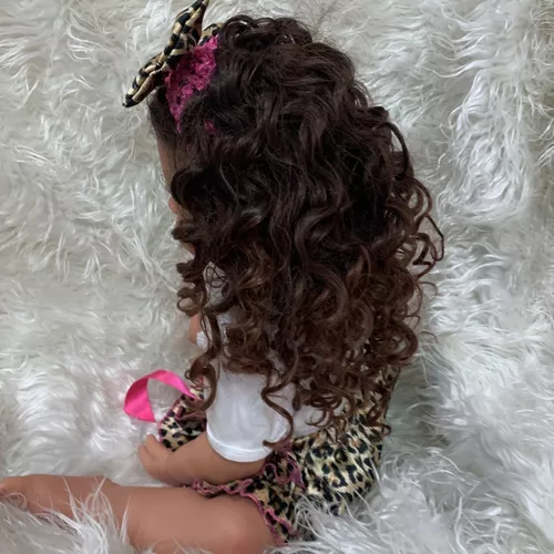 Bebê reborn boneca 100% silicone cabelo encaracolado olhos marrom