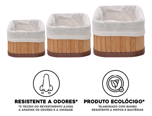 Kit 3 Cestos Organizador De Bambu Multiuso Com Forro