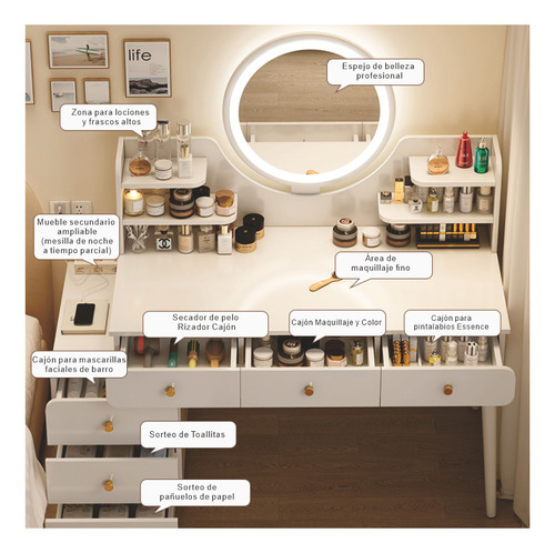 Tocador Con Espejo Led Minimalista Vanity Moderno 6 Cajons
