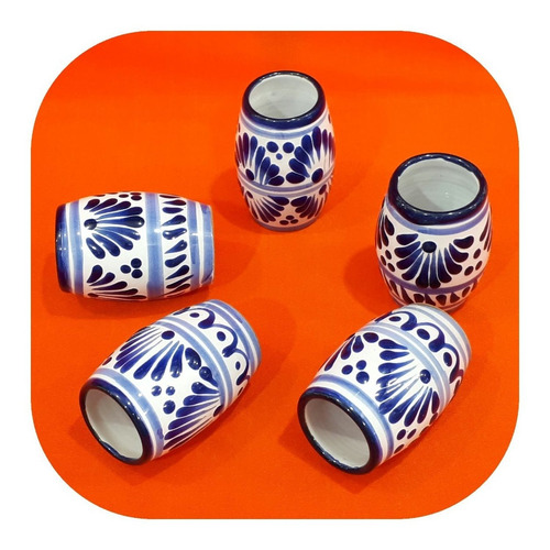 Imagen 4 de 4 de Tequileros De Talavera Poblana Set 5 Vasitos En Azul Blanco