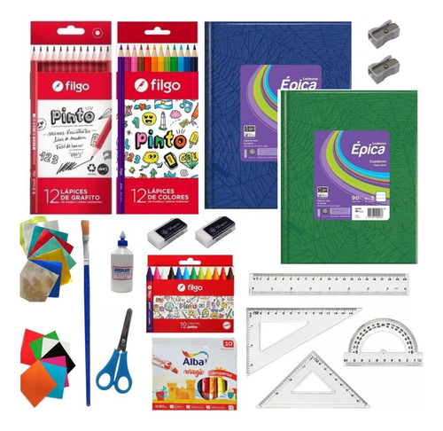 Kit Escolar Combo Cuaderno Lapices Crayones Utiles Filgo 