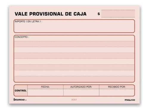 Vale Provisional De Caja Mayco 2051 1/4 Carta 50 H. C/3 Bloc