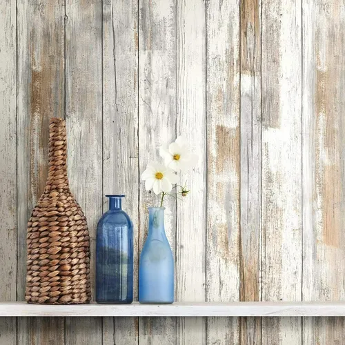 Papel Pintado Autoadhesivo Blanco De Madera Desgastada -