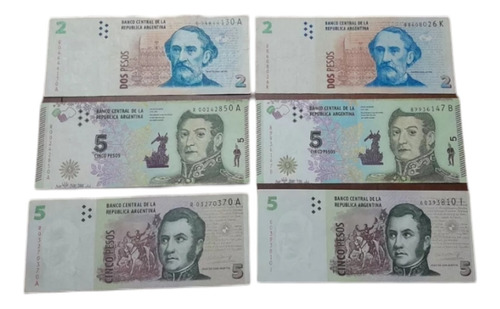 Billetes De 2 Y 5 Pesos + 2 Y 5 Pesos De Reposición