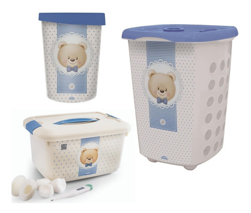 Kit Banho P/bebê 1 Lixeira 1 Cx Organizadora 1cesto Urso Ted