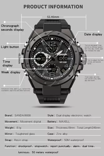 Reloj Hombre Deportivo Análogo Digital Impermeable con Cronógrafo  Resistente al Agua Sanda 6008