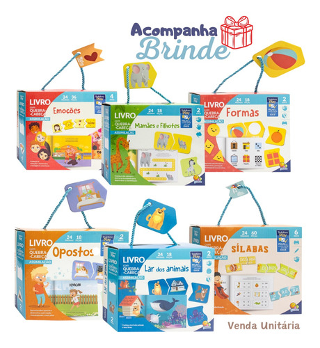 Livro Infantil Educativo Com Quebra Cabeça De Associação - Assimilar Silabas, Vogais, Formas, Animais, Emoções - Aprender Brincado 