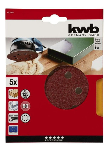 Discos Lijas Velcro 8 Perforaciones 125mm Grano 80 5un Kwb