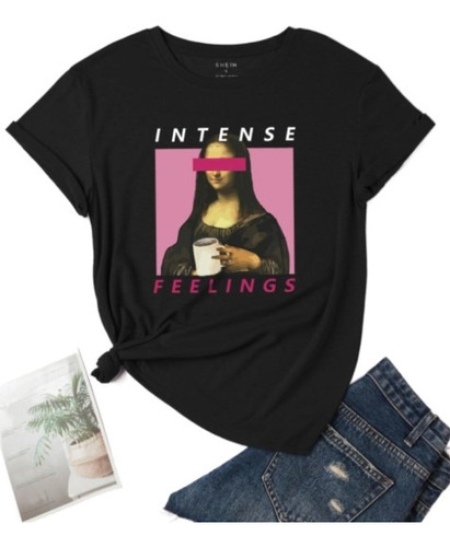 Polera Mujer Shein Estampado Mona Lisa Intense Negra 