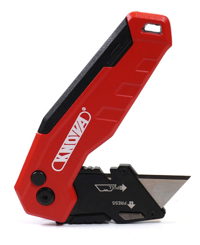 Navaja Plegable Profesional Retráctil De liberación Rápida Con mango Ergonómico Fabricado en Aluminio Color Rojo de 15 Cm con porta Navajas Modelo KN 7974 Knova