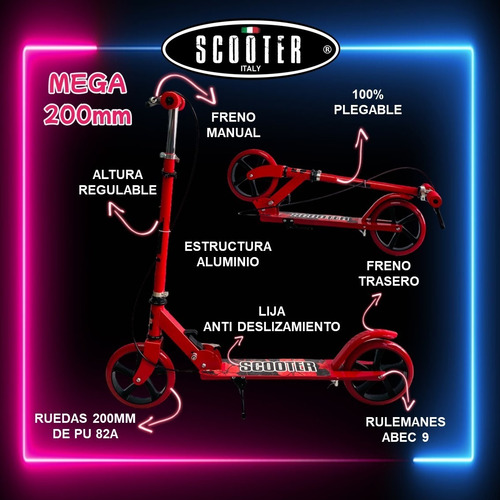 Monopatin Scooter Italy Mega Aluminio Ruedas 200mm Plegable