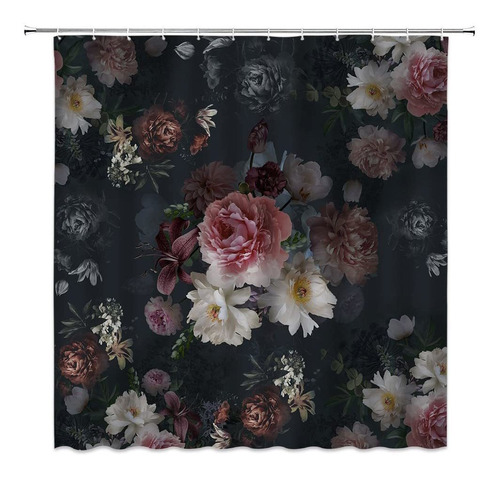 Cortina Ducha Floral Negra Diseño Bohemia Acuarela