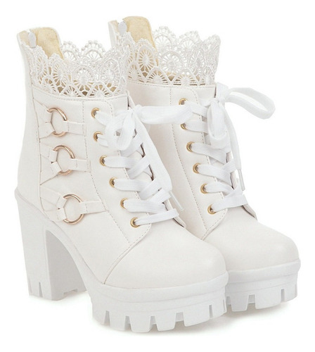 R Boot C1092 Moda Invierno Encaje Color Puro Tacón Alto Muje