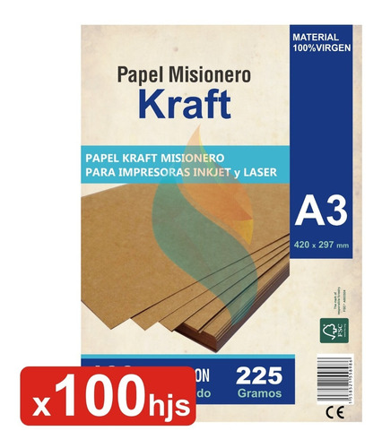 Papel Kraft Misionero A3 Inkjet Laser Madera 225g Resma X100