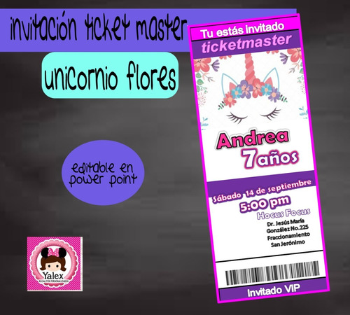 Invitacion Unicornio Ticket Master Imprimible Editable