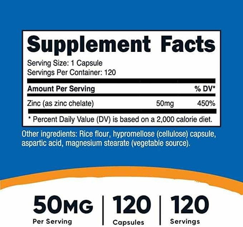 Zinc Quelato Chelated 50mg 120 Capsulas Quelado Sabor Unflavoured