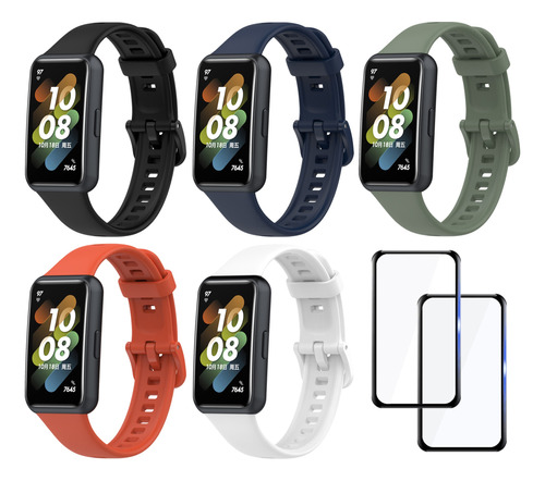 5 Correa Silicona Compatible Con Huawei Band 7 + 2 Micas 3d