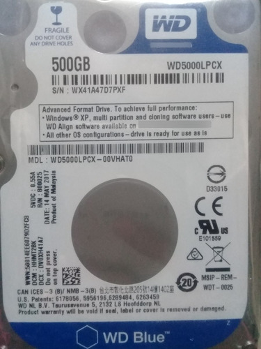 Disco Duro Western D De 500gb Sata 2.5'' 5400rpm Para Laptop