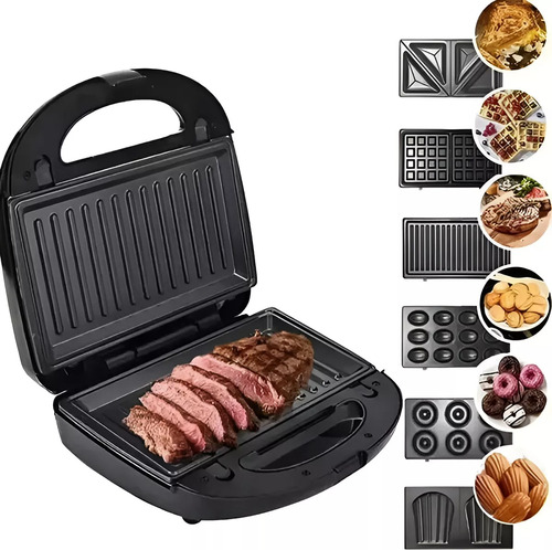 Maquina Sandwichera Waflera Donera Premium 6 En 1 Negro Y Plateado