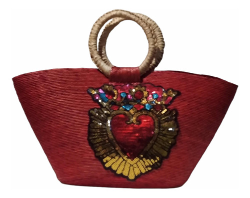 Bolsa Para Playa Decorado De Corazón Lentejuela Rojo