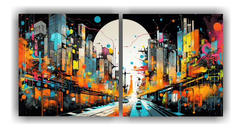 140x70cm Set 2 Pinturas De Ciudad Energética En Pop Art