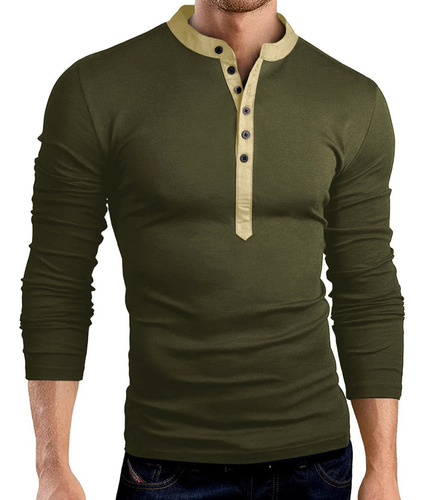 Playera Tops Hombre Color Largo Cuello En V Manga Larga Sli