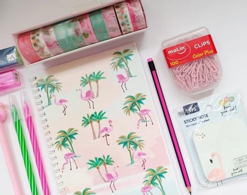 Kit Papelaria Flamingo Caderno Canetas Clips Washi Tape Etc