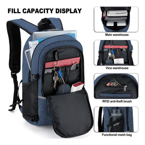 Mochila Antirrobo Para Laptop De Hasta 15.6 In Color Azul Diseño De La Tela Nylon Doxungoo 6002