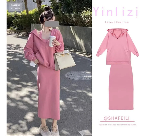 Conjunto De Sudadera Con Capucha Y Vestido De Estilo Coreano