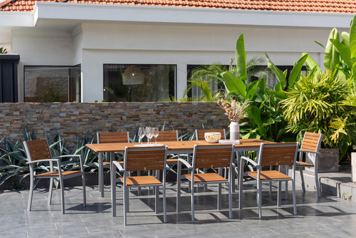 Comedor Extensible De Jardin Barcelona De Madera 8 Sillas Estructura Gris