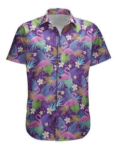 Camisa Botão Flamingo Tropical Animal Verão Floral Retro