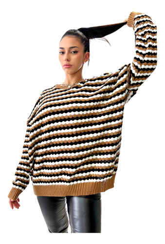 Buzo Maxi Sweater Tricolor De Lana Frizz Mujer Moda