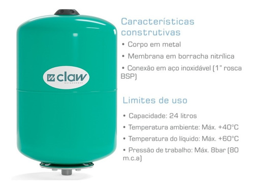 Vaso De Expansão De Sistemas De Pressurização 24 Litros Claw | Frete grátis