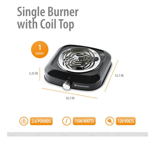 Toastmaster Single Burner Con Tapa De Bobina, Negro