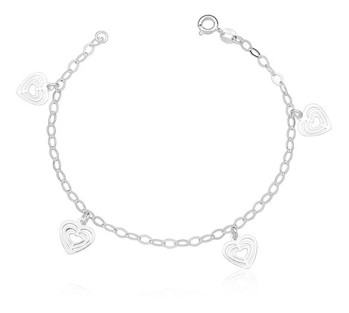 Pulseira Feminina Prata 925 Coração Comprimento 18 cm Diâmetro 19 cm