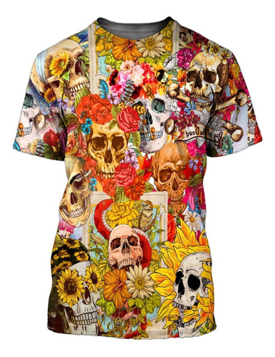 Playera C/estampado 3d De Calavera, Serpiente Y Flores Tl21