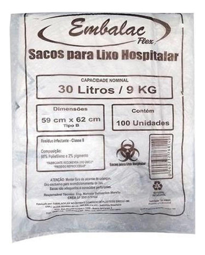 Saco Lixo Hospitalar Infectante 30l C/100 Branco Embalac