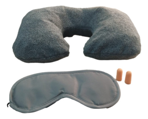 Kit Viaje Descanso Almohada Cuello Tapa Ojos Tapa Oidos Color Gris Oscuro Diseño De La Tela Rayas