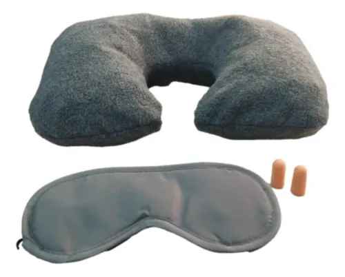Kit Viaje Descanso Almohada Cuello Tapa Ojos Tapa Oidos Color Gris Oscuro Diseño De La Tela Rayas