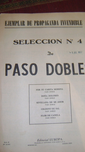 Partitura Piano Seleccion N* 4 De Pasodobles Julio 1957