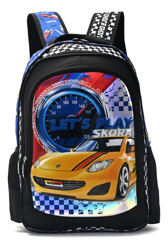 Mochila Autos Carreras Escolar Espalda Skora Lets Play Color Azul Diseño de la tela Gatito