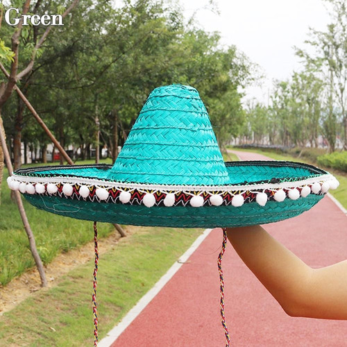 Sombrero De Paja Para Cosplay De Halloween, Pompón Mexicano,